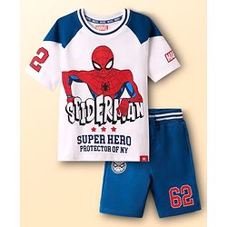 Pine Kids Marvel 100% Cotton Knit Drop Shoulder Oversized Half Raglan Sleeves T-Shirt And Shorts Set With Spider-Man Graphics - Navy Blue & White