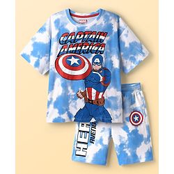Pine Kids Marvel 100% Cotton Knit Drop Shoulder Half Sleeves T-Shirt And Shorts With Captain America Graphics - Blue