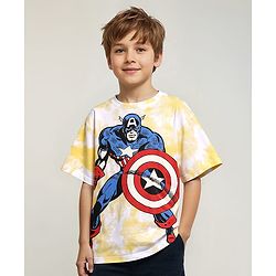 Pine Kids Marvel Single Jersey Knit Half Sleeves Oversized Drop Shoulder T-Shirt Captain America Graphics And Sequins Detailing - Yellow & White