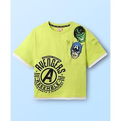 Pine Kids Marvel Single Jersey Knit Half Drop Shoulder Sleeves Oversized T-Shirt with Avengers Graphics & Pocket Detailing - Neon Green