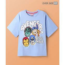 Pine Kids Marvel Single Jersey Knit Oversized Half Sleeves Drop Shoulder T-Shirt with Avengers Graphics - Light Blue