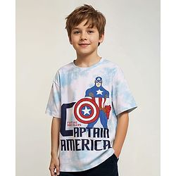 Pine Kids Marvel Terry Knit Half Sleeves Oversized Drop Shoulder Tie And Dye T-Shirt With Avengers-Captain America Graphics - Light Blue