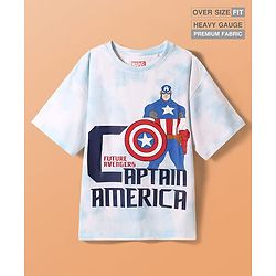 Pine Kids Marvel Terry Knit Half Sleeves Oversized Drop Shoulder Tie And Dye T-Shirt With Avengers-Captain America Graphics - Light Blue