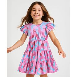 Pine Kids Cotton Knit Half Frill Sleeves Tiered Frock with Floral Print - Multicolor