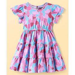 Pine Kids Cotton Knit Half Frill Sleeves Tiered Frock with Floral Print - Multicolor