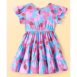 Pine Kids Cotton Knit Half Frill Sleeves Tiered Frock with Floral Print - Multicolor