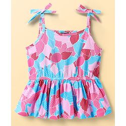 Pine Kids Cotton Knit Sleeveless Top With Floral Print - Pink & Blue