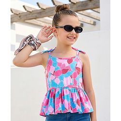 Pine Kids Cotton Knit Sleeveless Top With Floral Print - Pink & Blue