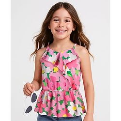 Pine Kids Cotton Knit Sleeveless Top with Floral Print & Frill Detailing - Pink