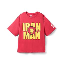 Pine Kids Marvel Single Jersey Knit Drop Shoulder Half Sleeves Oversized T-Shirt with Iron Man Graphics - Red