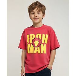 Pine Kids Marvel Single Jersey Knit Drop Shoulder Half Sleeves Oversized T-Shirt with Iron Man Graphics - Red