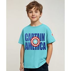 Pine Kids Marvel Single Jersey Knit Half Sleeves Oversized  Drop Shoulder T-Shirt With Avengers-Captain America Graphics And Badge Detailing - Light Blue