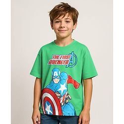 Pine Kids Marvel Single Jersey Knit Half Drop Shoulder Sleeves Oversized T-Shirt with Captain America Graphics - Green
