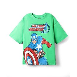 Pine Kids Marvel Single Jersey Knit Half Drop Shoulder Sleeves Oversized T-Shirt with Captain America Graphics - Green