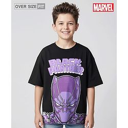 Pine Kids Marvel Single Jersey Knit Oversized Half Sleeves Drop Shoulder T-Shirt With Avengers Black Panther Graphics And Badge Detailing - Black