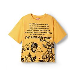 Pine Kids Marvel  Single Jersey Knit Oversized Half Sleeves Drop Shoulder T-Shirt With Front And Back Avengers Graphics - Yellow