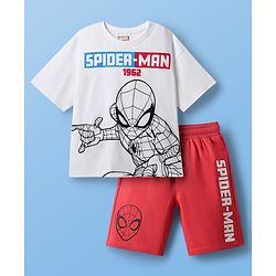 Pine Kids Marvel Single Jersey Knit Half Drop Shoulder Sleeves Oversized T-Shirt & Shorts Set With Spider- Man Graphics - White & Red