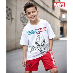 Pine Kids Marvel Single Jersey Knit Half Drop Shoulder Sleeves Oversized T-Shirt & Shorts Set With Spider- Man Graphics - White & Red