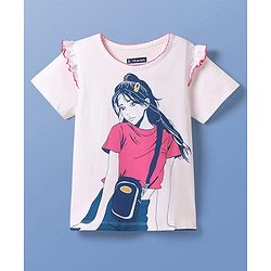 Pine Kids Cotton Knit Half Sleeves Top With Doll Print & Frill Detailing - White