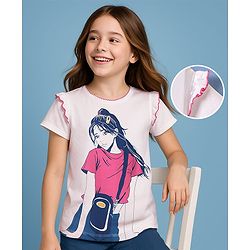 Pine Kids Cotton Knit Half Sleeves Top With Doll Print & Frill Detailing - White
