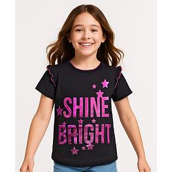 Pine Kids Cotton Knit Half Sleeves Top with Text Foil Print - Black