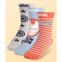 Pine Kids Marvel Knit Antibacterial Socks With Stripes & Avengers Graphics Pack Of 3 - Orange Light Blue & Grey