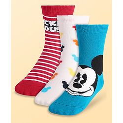 Pine Kids Disney Knit Antibacterial Socks With Stripes & Mickey Mouse Graphics Pack Of 3 - Red Light Blue & White