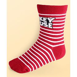 Pine Kids Disney Knit Antibacterial Socks With Stripes & Mickey Mouse Graphics Pack Of 3 - Red Light Blue & White