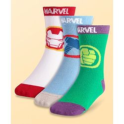 Pine Kids Marvel Knit Antibacterial Socks With Avengers Graphics Pack Of 3 - Green Light Blue & White