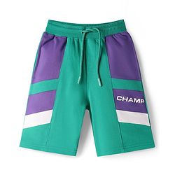 Pine Kids Looper Knit Knee Length Cut & Sew Shorts with Champ Text Print - Green & Purple
