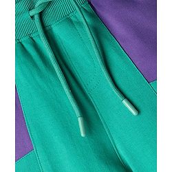 Pine Kids Looper Knit Knee Length Cut & Sew Shorts with Champ Text Print - Green & Purple