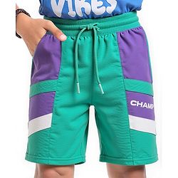 Pine Kids Looper Knit Knee Length Cut & Sew Shorts with Champ Text Print - Green & Purple