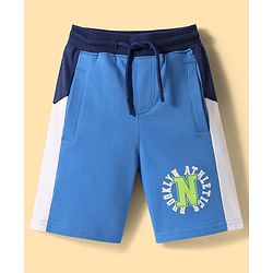 Pine Kids Looper Knit Knee Length Cut & Sew Shorts with Text Print - Blue
