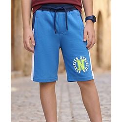 Pine Kids Looper Knit Knee Length Cut & Sew Shorts with Text Print - Blue