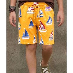 Pine Kids Looper Knit Above Knee Length Shorts With Boat Print - Golden