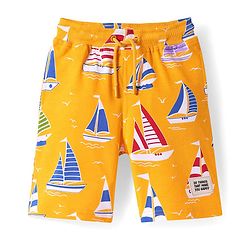 Pine Kids Looper Knit Above Knee Length Shorts With Boat Print - Golden