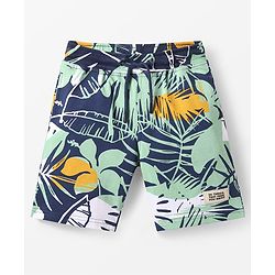 Pine Kids Looper Knit Above Knee Length Shorts with Tropical Theme Print - Navy Blue