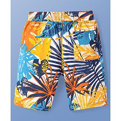 Pine Kids Looper Knit Above Knee Length Shorts with Tropical Print - Blue & Yellow