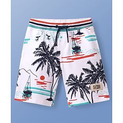 Pine Kids Looper Knit Above Knee Length Shorts with Beach Theme Print - White