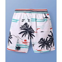 Pine Kids Looper Knit Above Knee Length Shorts with Beach Theme Print - White