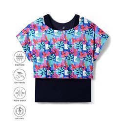 Pine Active Knit Half Sleeves Printed Crop Top With Inner Vest - Navy Blue