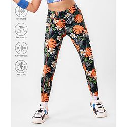 Pine Active Full Length Super Stretch Leggings with Floral Print  - Black & Dark Green