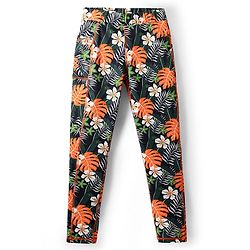 Pine Active Full Length Super Stretch Leggings with Floral Print  - Black & Dark Green