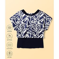 Pine Active Knit Half Sleeves Super Stretch Printed Crop Top with Vest - Navy Blue