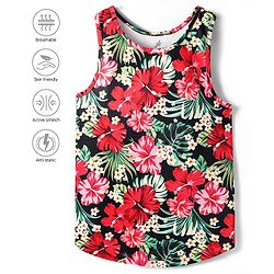 Pine Active Knit Sleeveless Tank T-Shirt with Floral Print - Black