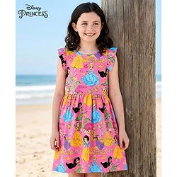 Pine Kids Disney Single Jersey Knit Frill Sleeves Frock with Disney Princess Graphics - Pink