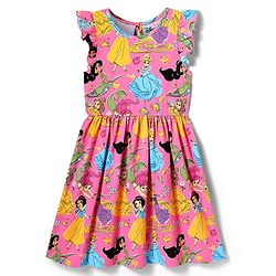 Pine Kids Disney Single Jersey Knit Frill Sleeves Frock with Disney Princess Graphics - Pink