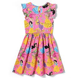 Pine Kids Disney Single Jersey Knit Frill Sleeves Frock with Disney Princess Graphics - Pink