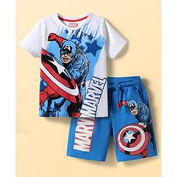 Pine Kids Marvel Single Jersey Knit Half Sleeves T-Shirt & Shorts Set With Avengers Graphics & Badge Detailing - White