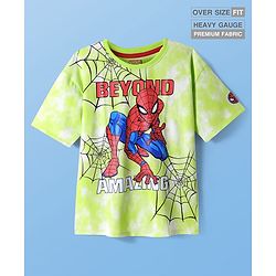 Pine Kids Marvel Terry Knit Half Sleeve Oversized Drop Shoulder T-Shirt With Spider Man Graphics And Tie And Dye & Badge Detailing - Light Green & White